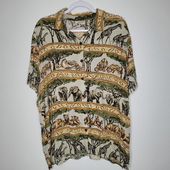 Vintage 80s 90s green tan green safari print animal button front short sleeve - Picture 1 of 7